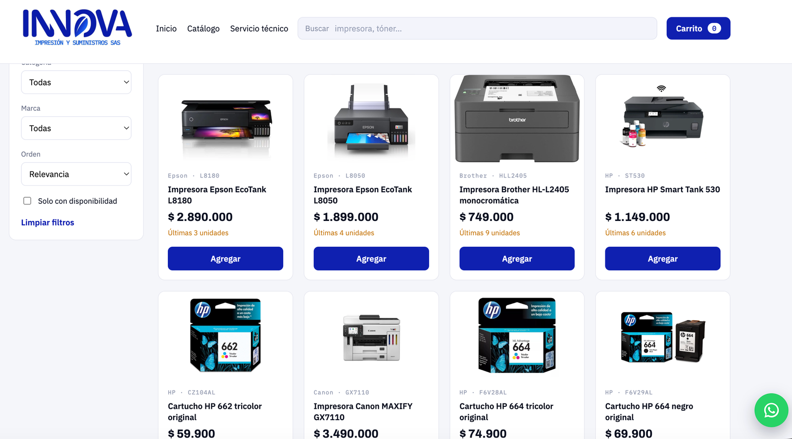 Sitio web de Innova Impresión y Suministros